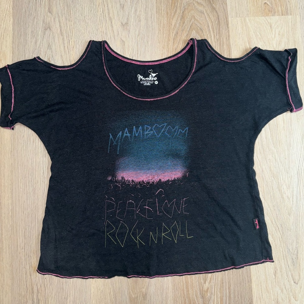 Y2K Black Mambo “Peace Love Rock n Roll” T Shirt with Shoulder Cutouts - Size M